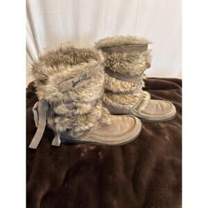Sam Edelman Women Suede Meiko Faux Fur Boots Pull On 8.5 M Moccasin Grayish Tan